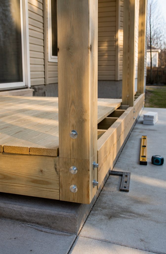 Building a Covered Deck Off the Back of a House: What the Work Actually Involves 4 Close-up of posts being bolted to the deck frame with hardware.