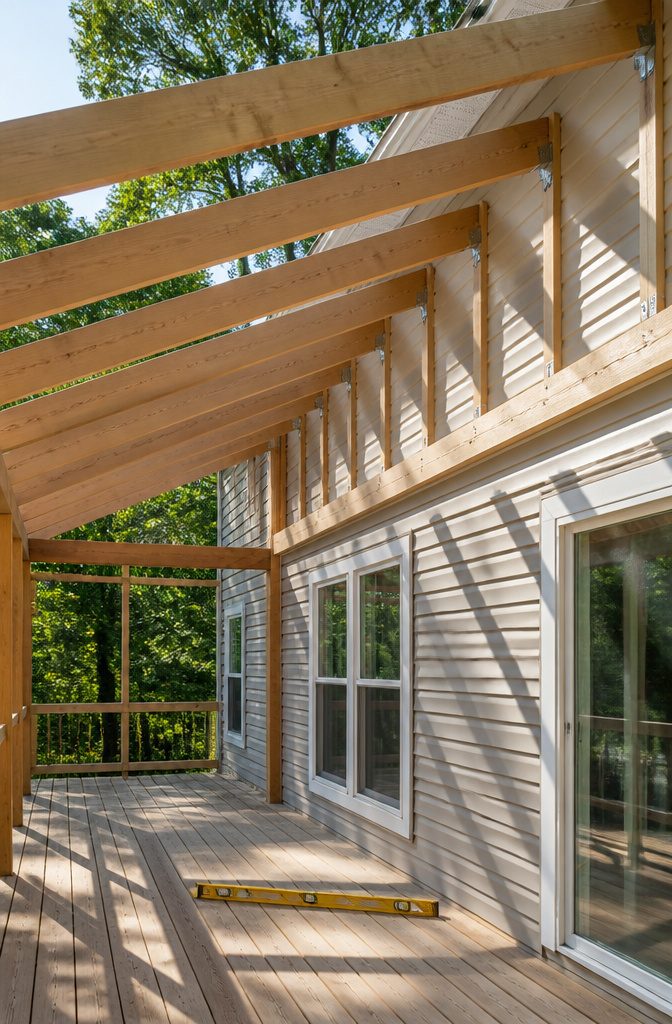 Building a Covered Deck Off the Back of a House: What the Work Actually Involves 5 Rafters and a ledger board are positioned for a roof frame.