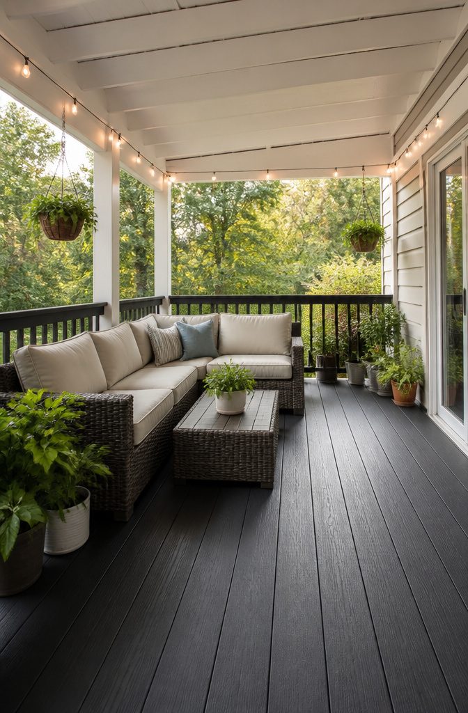 Building a Covered Deck Off the Back of a House: What the Work Actually Involves 8 A newly completed covered deck with furniture and plants.