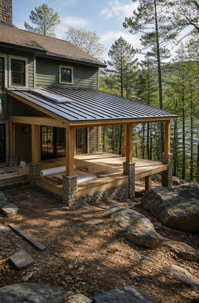 Building a Covered Deck Off the Back of a House: What the Work Actually Involves 6 Metal roofing panels being installed on a covered deck.
