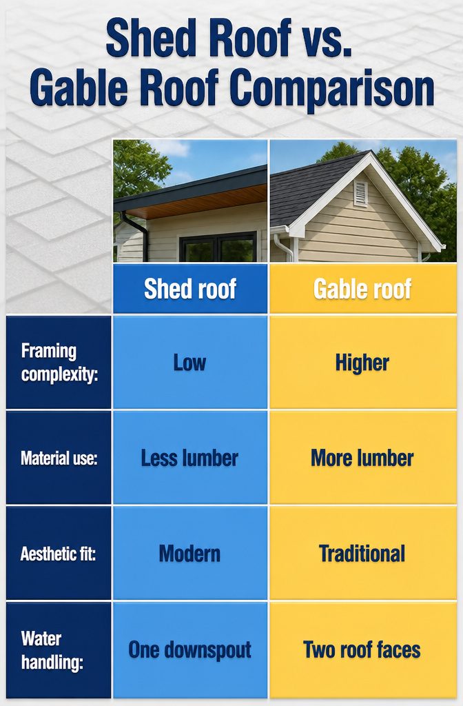 Building a Covered Deck Off the Back of a House: What the Work Actually Involves 9 An infographic comparing shed roof and gable roof designs.