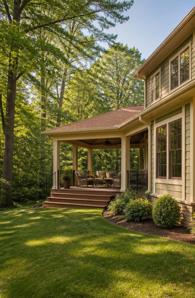 Building a Covered Deck Off the Back of a House: What the Work Actually Involves 11 A covered deck that matches the home's design and trim details.