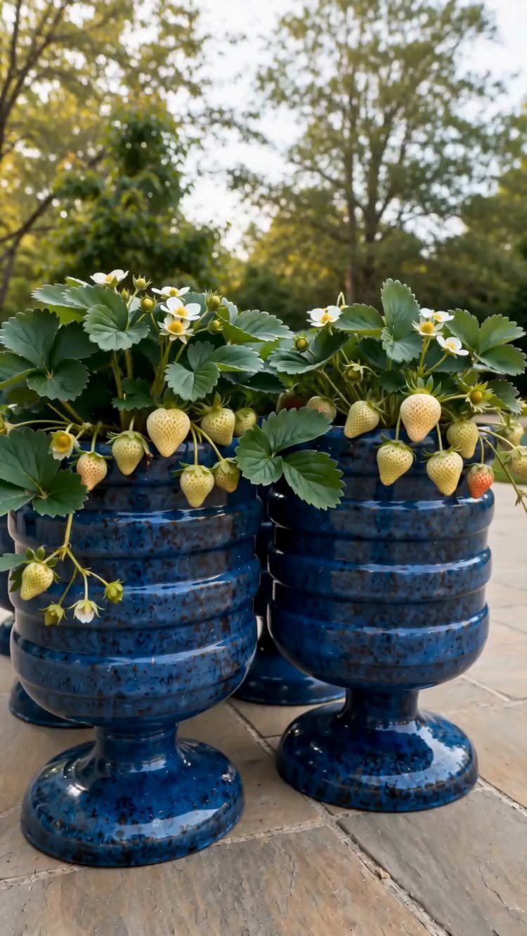 25 Creative and Gardening Ideas for Backyards Big or Small 11 Strawberry plants with white flowers and fruit growing in blue ceramic pedestal planters.