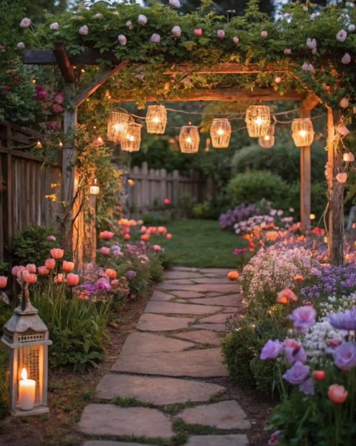 25 Creative and Gardening Ideas for Backyards Big or Small 14 Stone path winding through a colorful cottage garden with hanging lanterns under a wooden pergola.