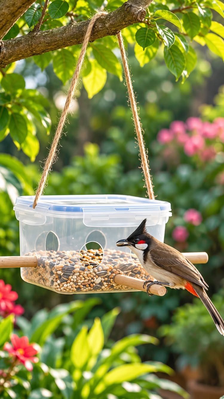 25 Creative and Gardening Ideas for Backyards Big or Small 18 A small crested bird perches on a DIY plastic container bird feeder filled with seeds.