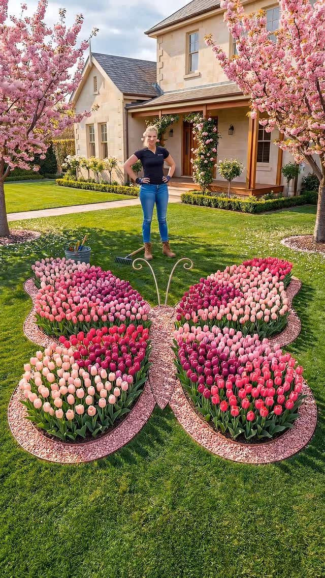 25 Creative and Gardening Ideas for Backyards Big or Small 4 A large butterfly pattern made of colorful tulips and gravel on a green lawn.