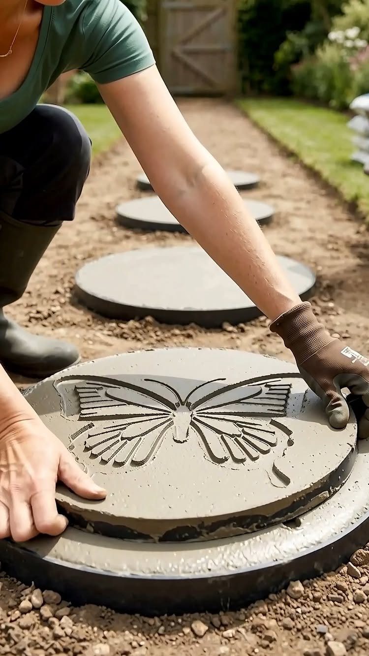 25 Creative and Gardening Ideas for Backyards Big or Small 21 A person placing a concrete stepping stone with a butterfly design onto a garden path.