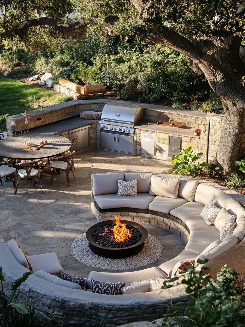 25 Creative and Gardening Ideas for Backyards Big or Small 6 A stone patio with a circular built-in bench surrounding a glowing fire pit.