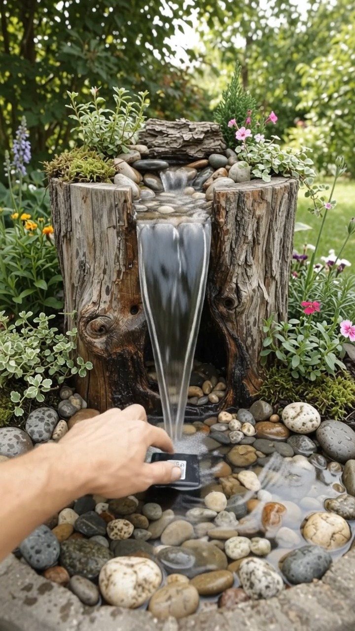 25 Creative and Gardening Ideas for Backyards Big or Small 1 A small water fountain flowing from a tree stump into a pebble-filled basin.