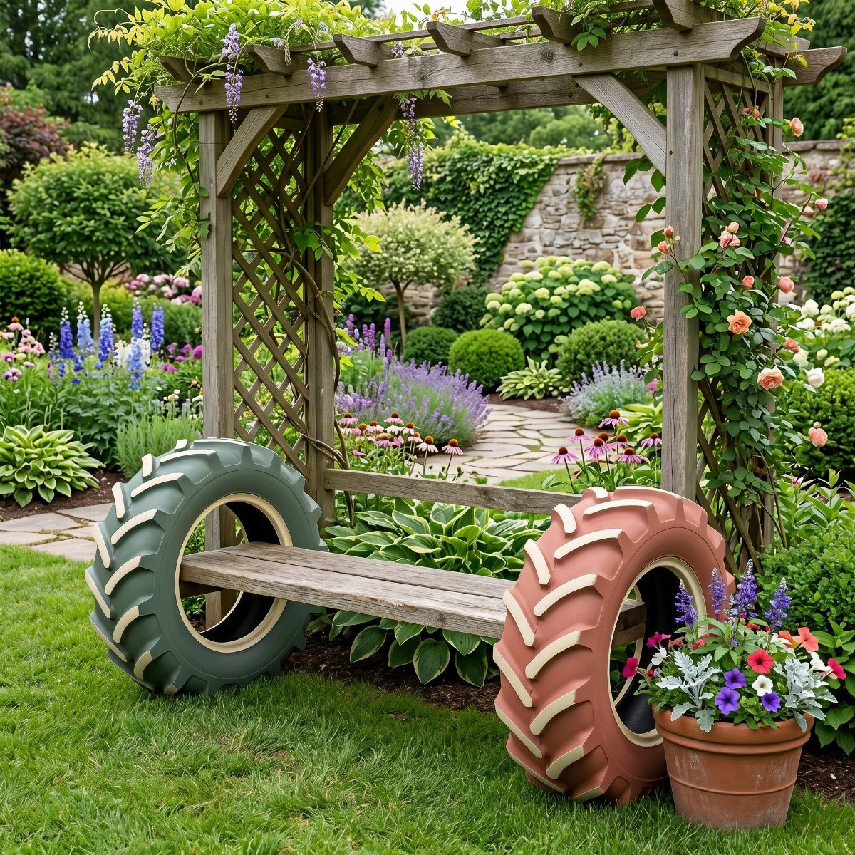 25 Creative and Gardening Ideas for Backyards Big or Small 13 A creative garden bench constructed from two large painted tractor tires and a wooden plank.