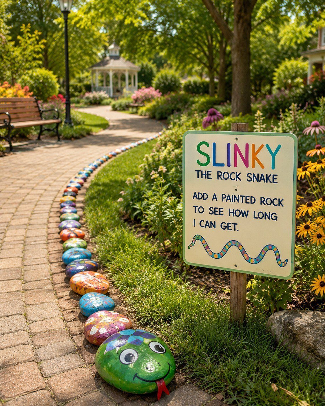25 Creative and Gardening Ideas for Backyards Big or Small 7 A green garden sign stands next to a line of colorful painted rocks along a brick path.