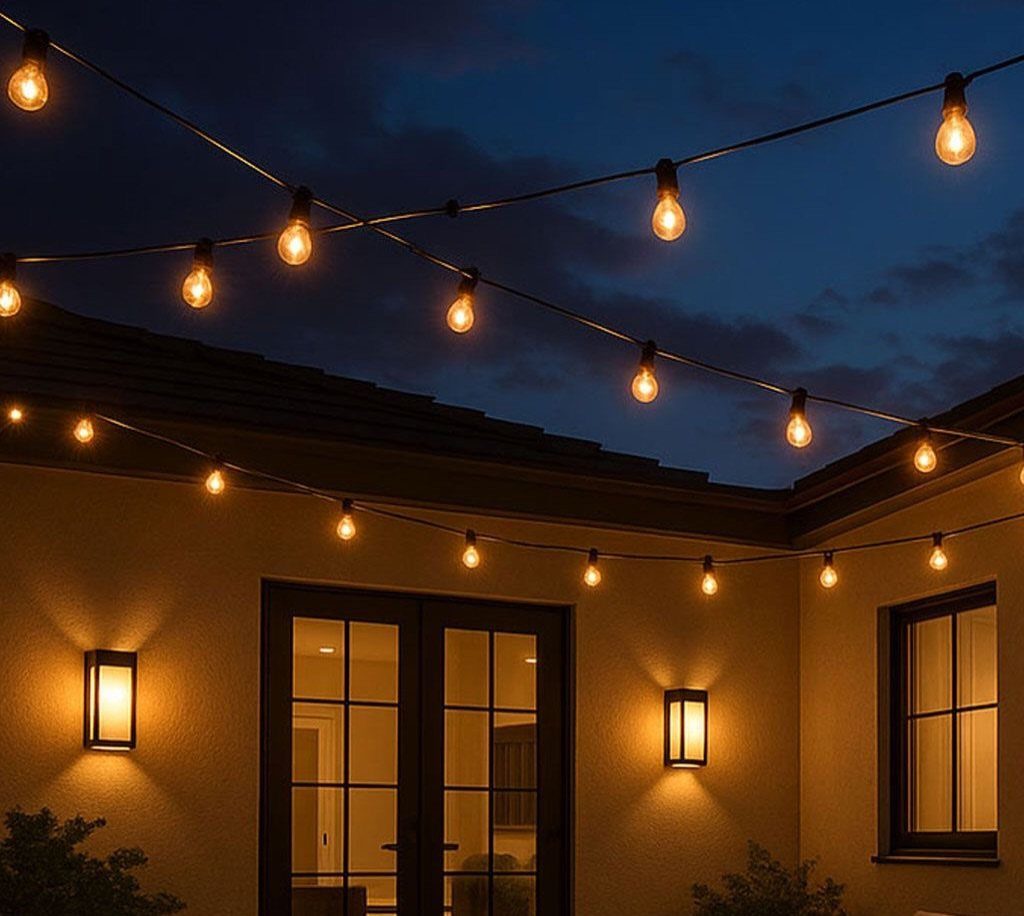 25 Creative and Gardening Ideas for Backyards Big or Small 8 Glowing string lights hanging across a dark evening sky above a house patio.