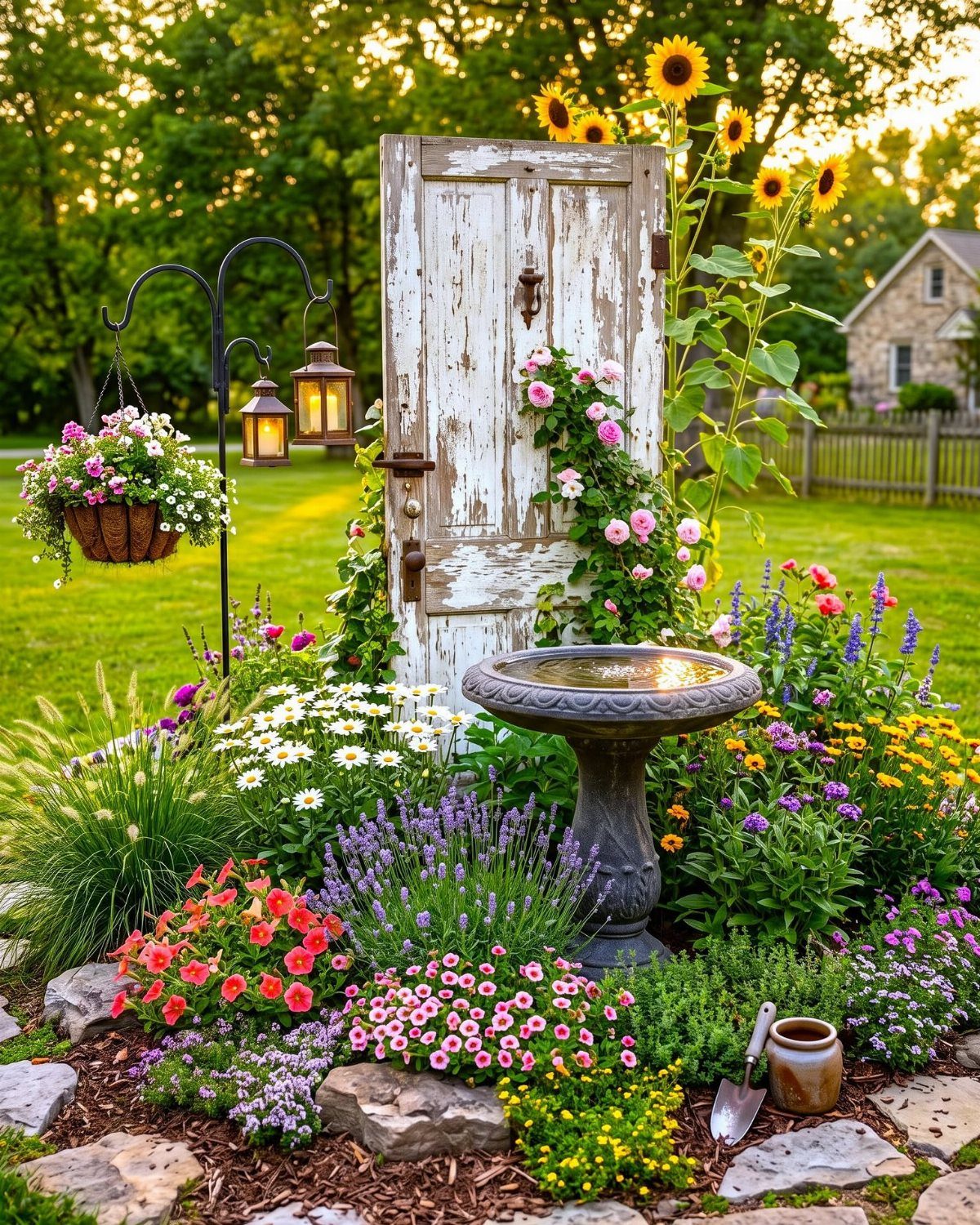 25 Creative and Gardening Ideas for Backyards Big or Small 2 Weathered white wooden door surrounded by colorful flowers, a birdbath, and tall sunflowers in a garden.