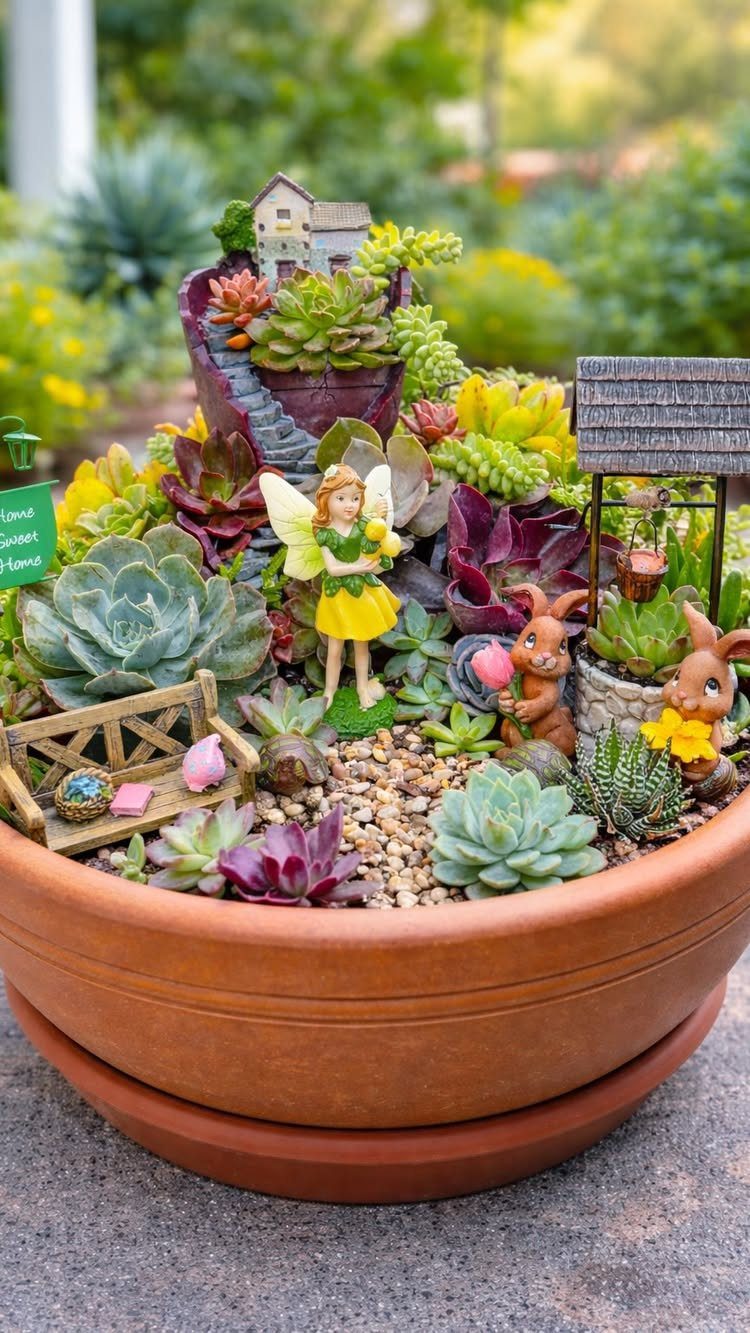25 Creative and Gardening Ideas for Backyards Big or Small 22 A miniature fairy garden in a terracotta pot featuring succulents, a fairy figurine, and tiny garden accessories.