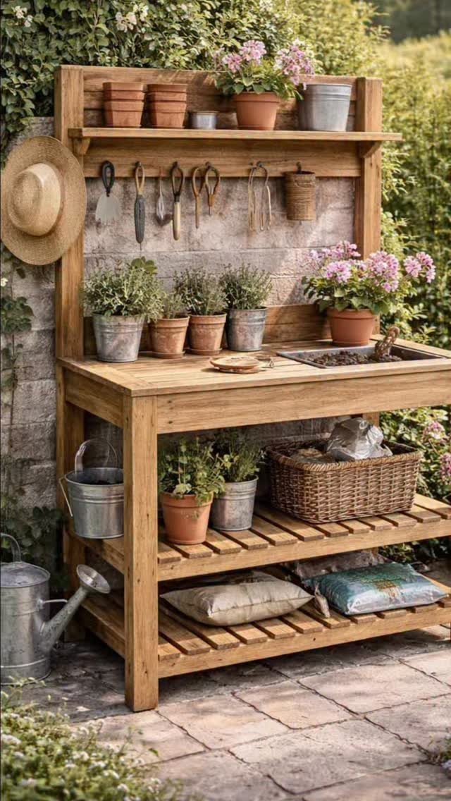 25 Creative and Gardening Ideas for Backyards Big or Small 20 A wooden potting bench with plants, tools, and a sink sits on a stone patio.