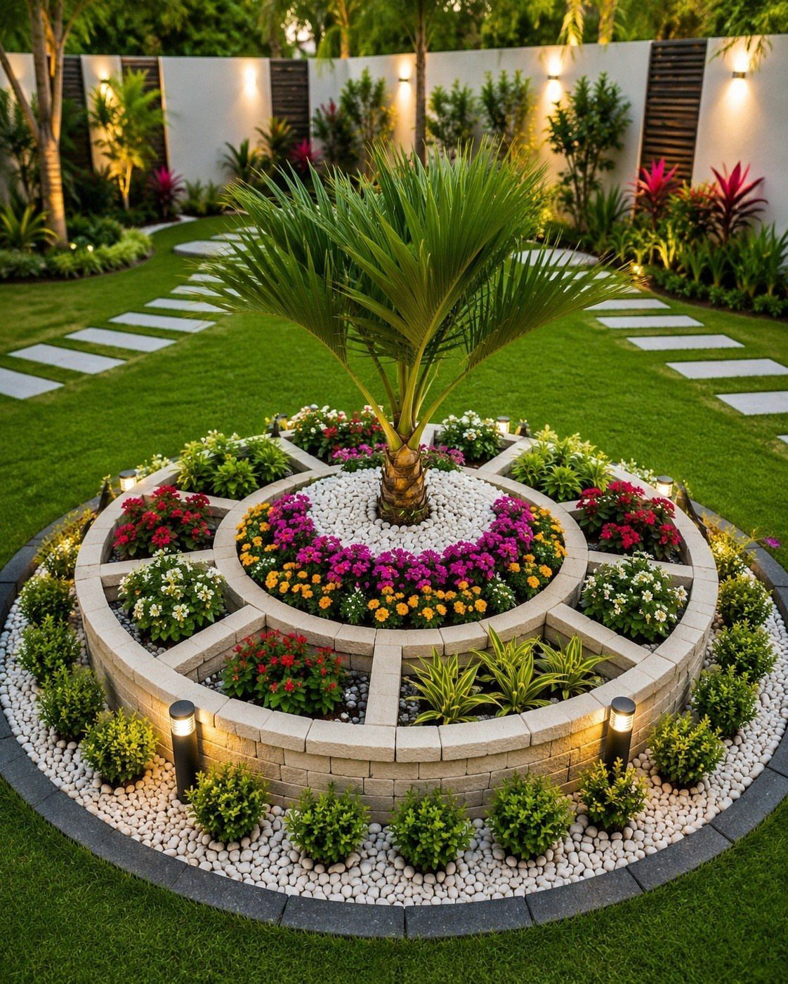 25 Creative and Gardening Ideas for Backyards Big or Small 25 A circular tiered garden bed with a central palm and colorful flowers in a manicured lawn.