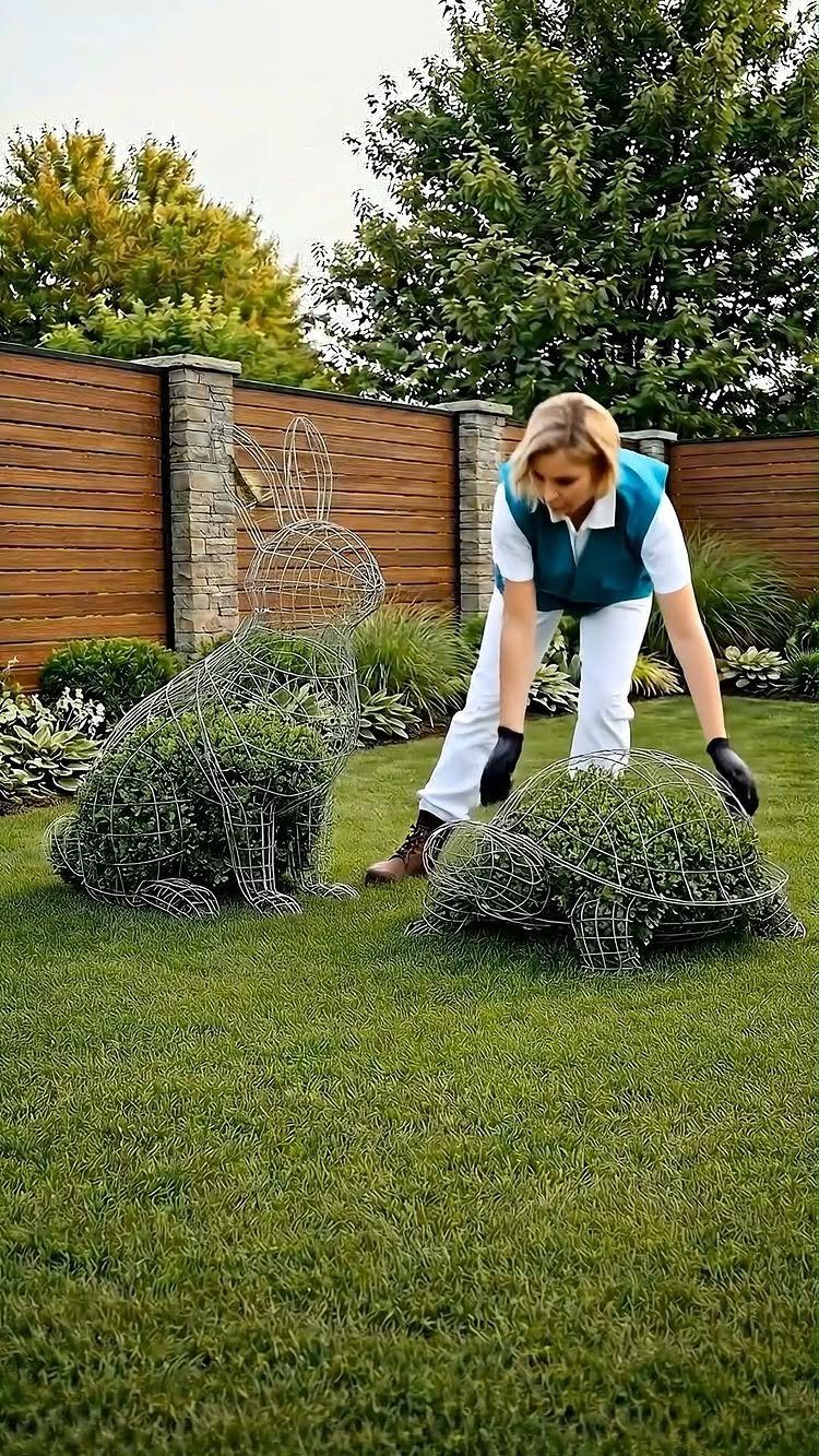 25 Creative and Gardening Ideas for Backyards Big or Small 24 A woman placing plants into a large wire rabbit sculpture on a green lawn.