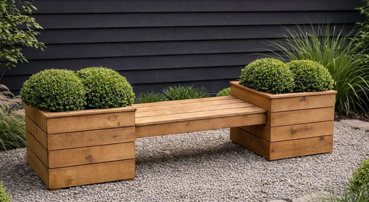 9 Deck Bench Seating Ideas for Storage, Planters and Rail-Top Perches 3 Wooden outdoor bench with integrated planters containing round green shrubs on a gravel surface.