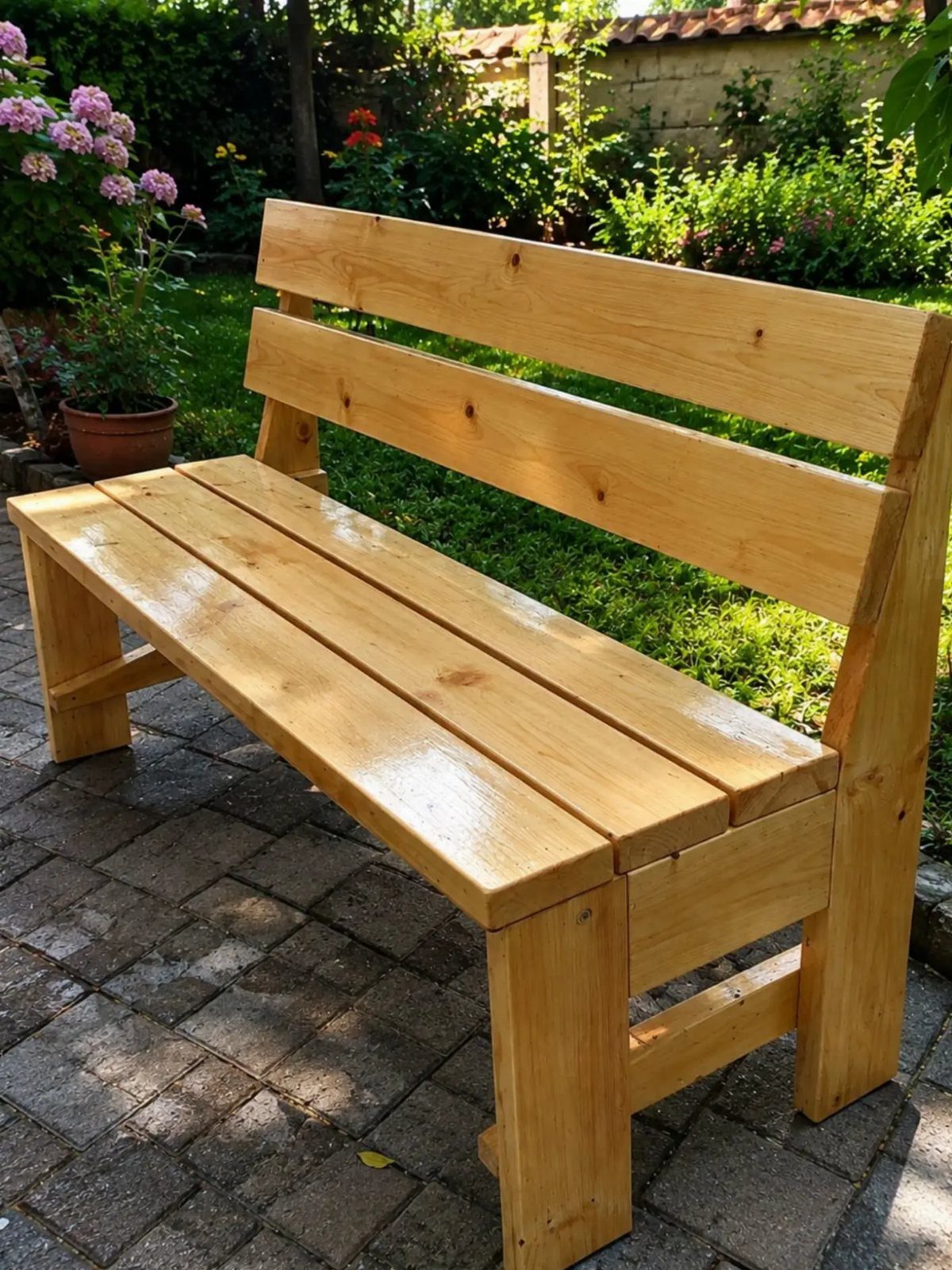 9 Deck Bench Seating Ideas for Storage, Planters and Rail-Top Perches 8 A light-colored wooden outdoor bench sits on a stone patio in a lush garden.