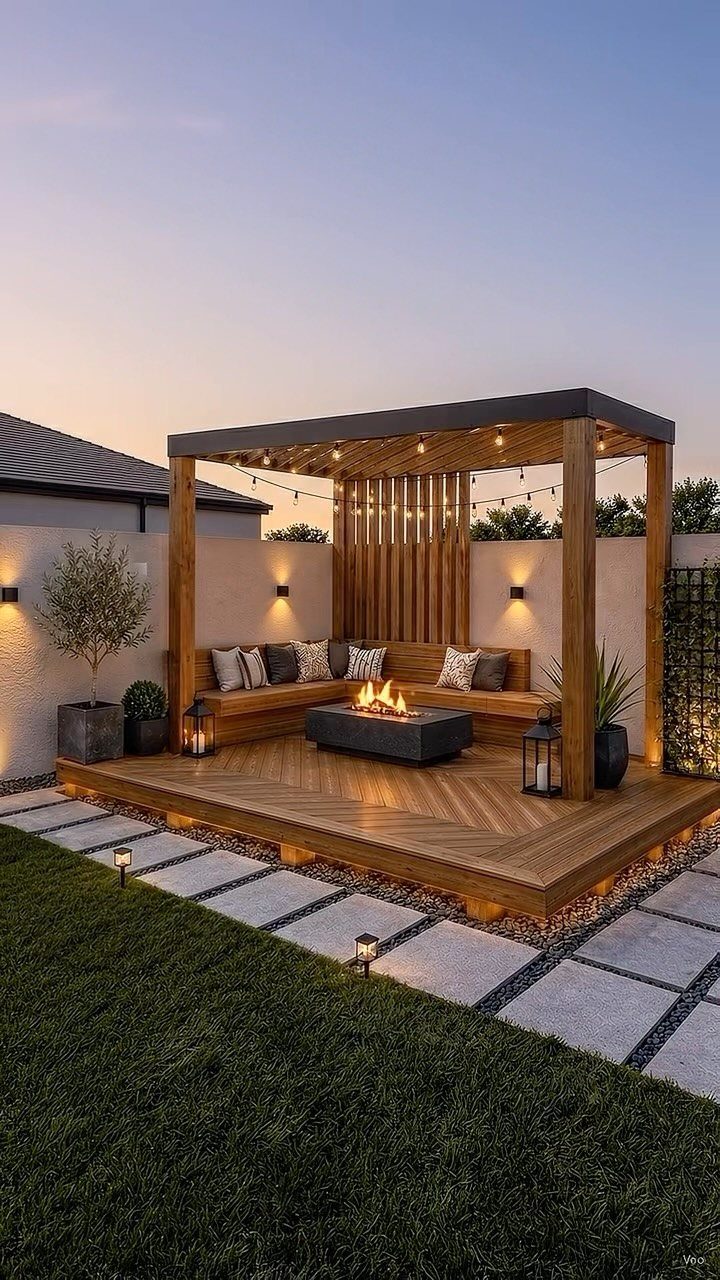 12 Deck Floor Design Ideas for Picture-Frame Borders to Patterned Layouts 10 Wooden deck with chevron pattern flooring, a built-in sofa, and a fire pit under a pergola.