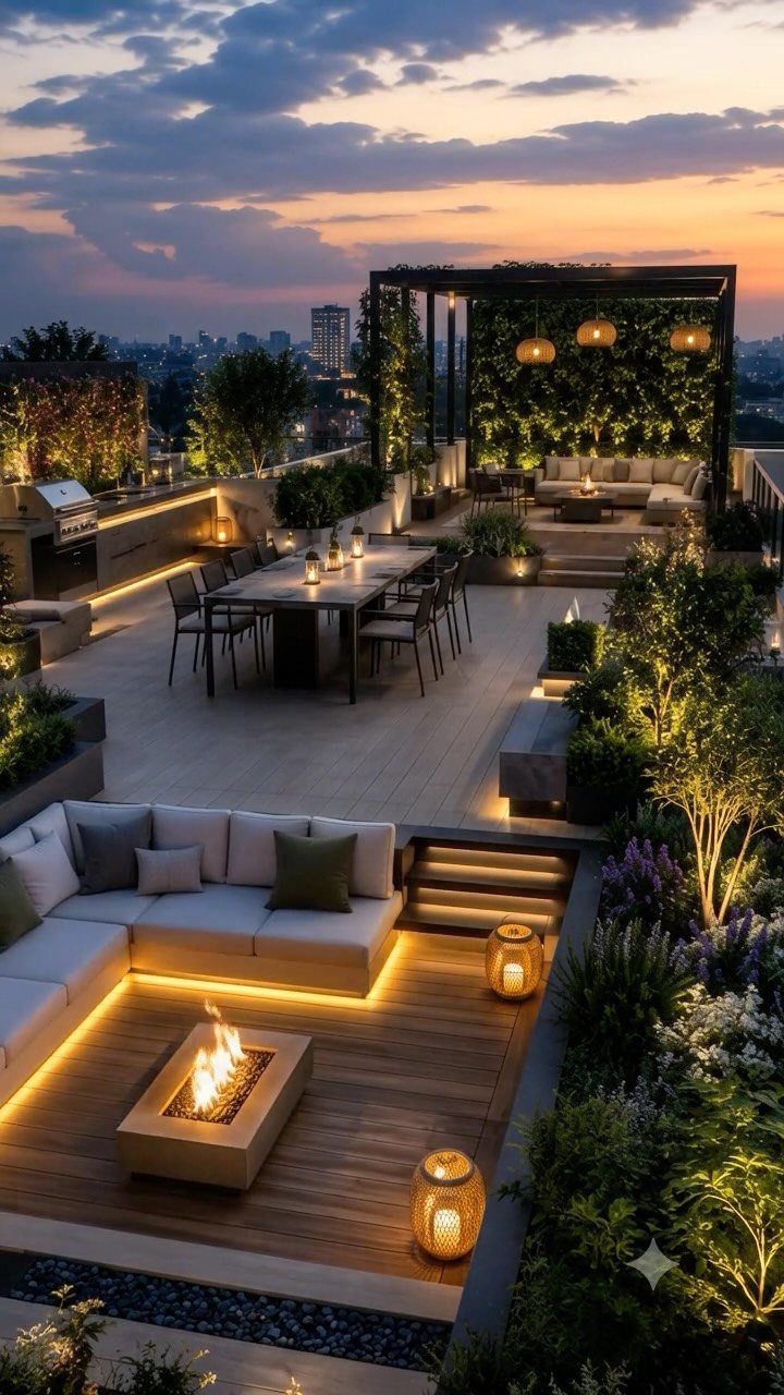 12 Deck Floor Design Ideas for Picture-Frame Borders to Patterned Layouts 4 A luxurious rooftop terrace with outdoor furniture, a fire pit, and lush plants overlooking a city skyline.