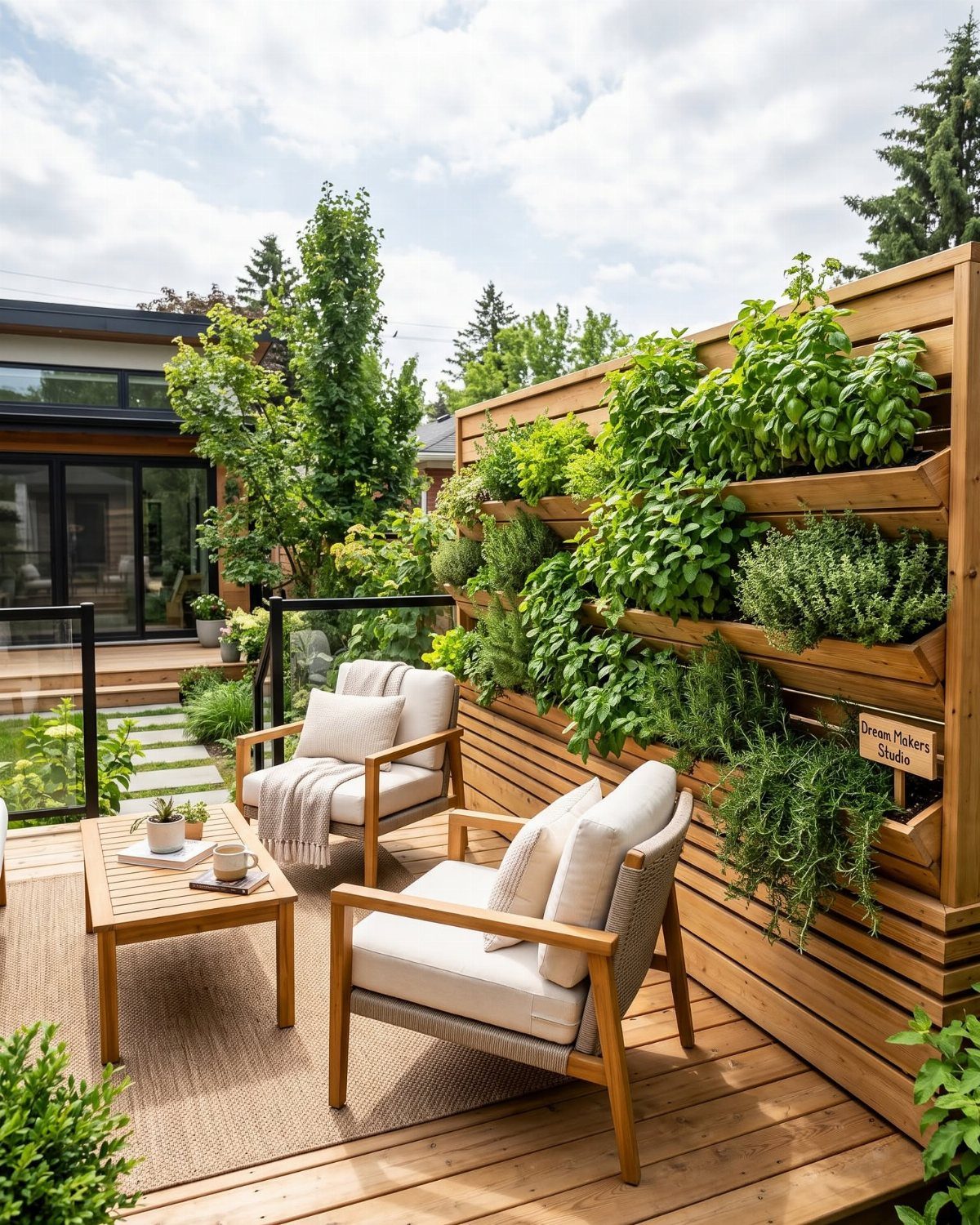 Wooden deck with armchairs and a vertical garden wall filled with lush green plants.