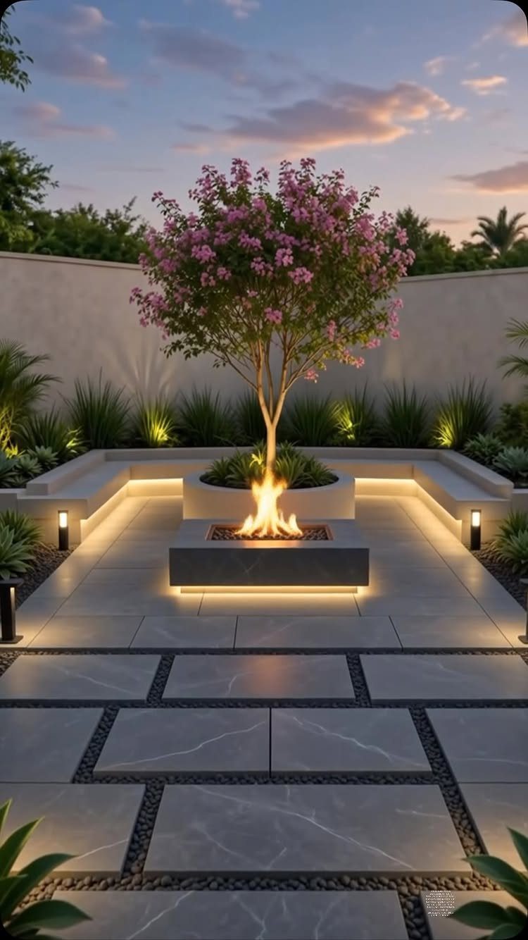 A modern stone patio featuring a central fire pit, built-in seating, and a small flowering tree at dusk.