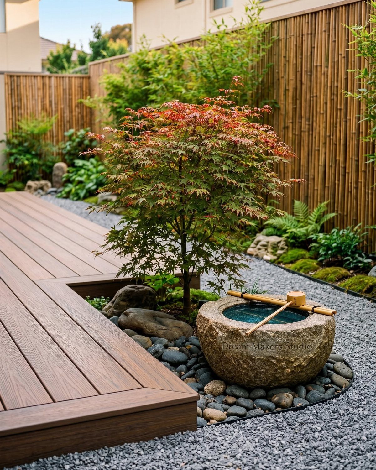 Japanese maple tree and stone water basin set in a gravel minimalist garden next to a wooden deck.