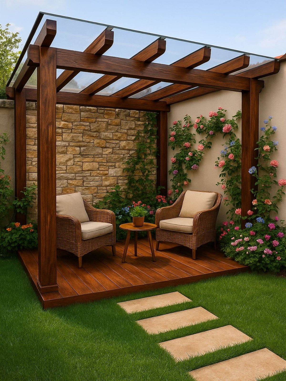 Wicker armchairs and a small table sit on a wooden deck under a glass pergola.