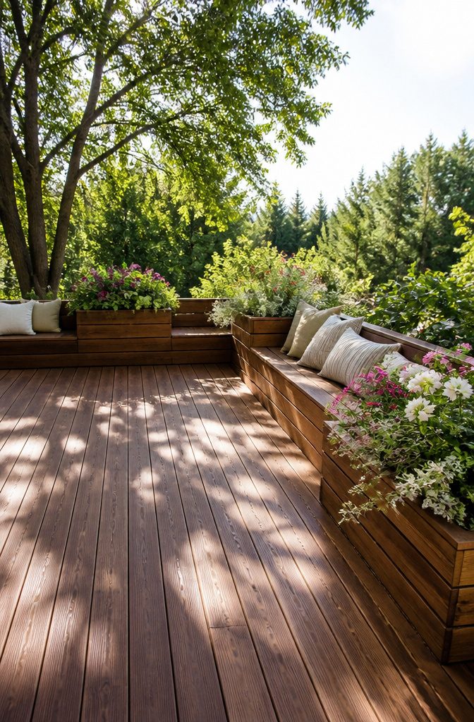 A deck with benches and colorful planter boxes.