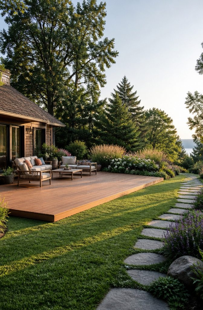 A low deck surrounded by grass and plants.