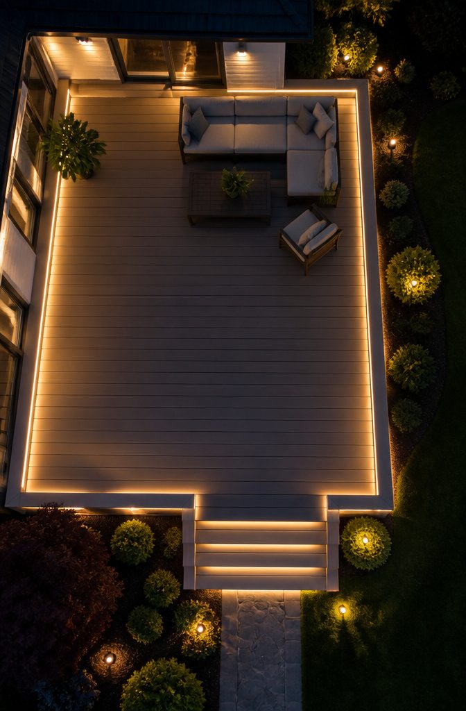 LED lights installed on deck edges and stairs.