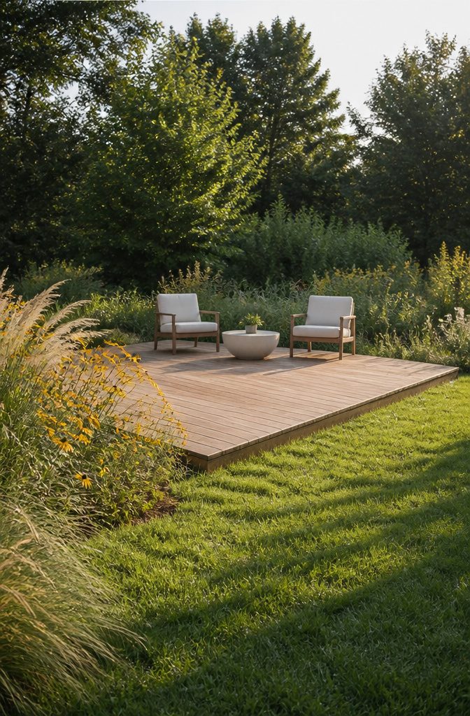 A platform deck surrounded by wildflowers and grasses.