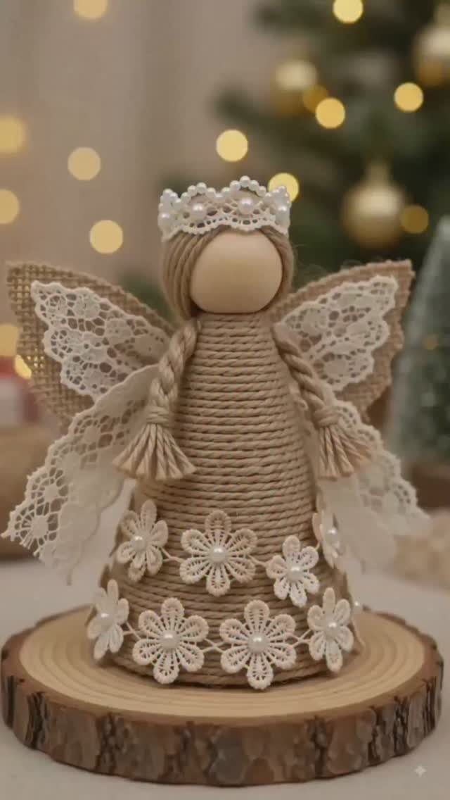 11 DIY Christmas Holiday Decorations: From Wine Corks to Walnut Reindeer 7 A handmade burlap and twine angel ornament decorated with white lace and pearls on a wooden base.