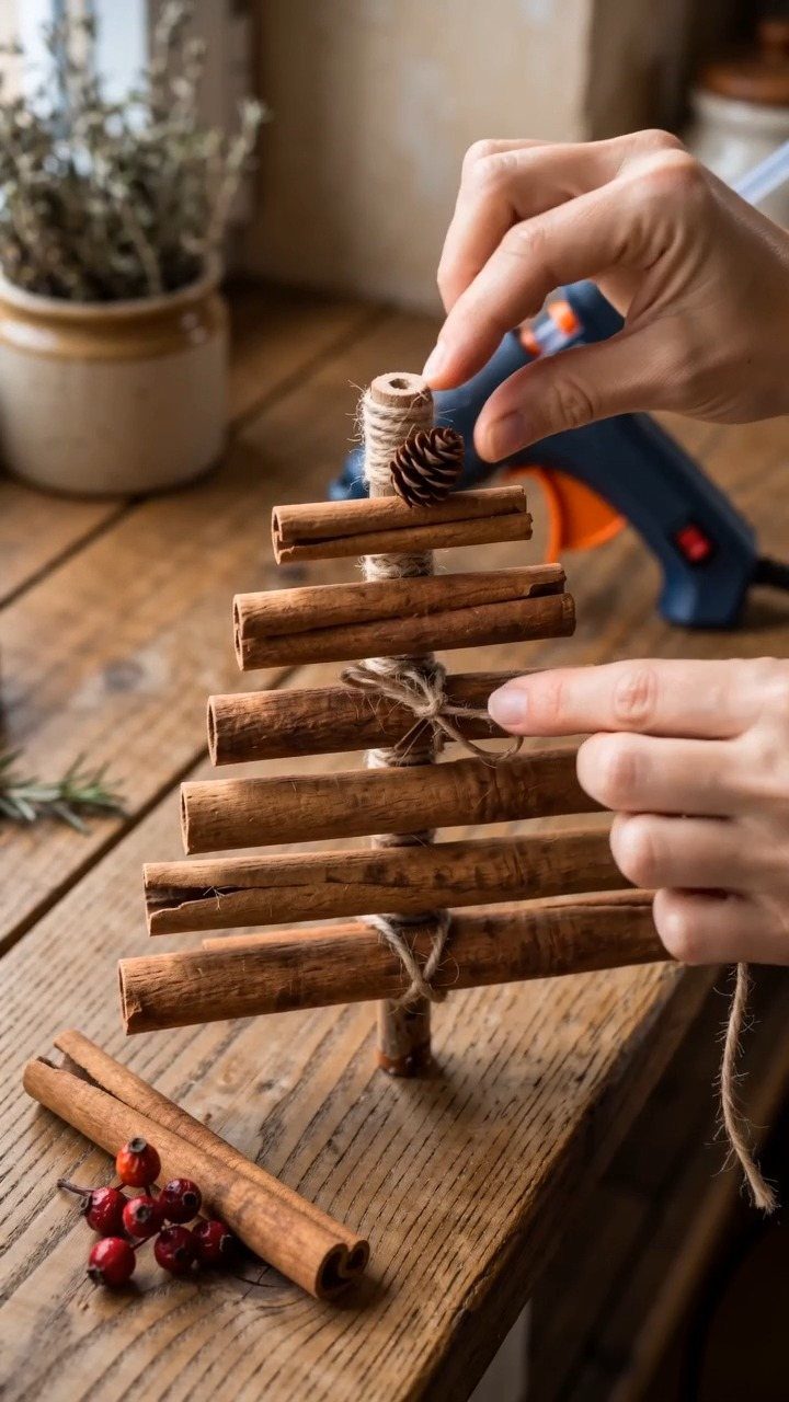 11 DIY Christmas Holiday Decorations: From Wine Corks to Walnut Reindeer 10 Hands assembling a small Christmas tree made from cinnamon sticks and twine on a wooden table.
