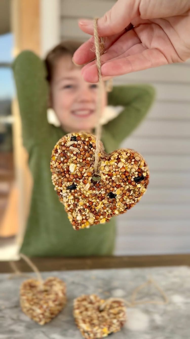 11 DIY Christmas Holiday Decorations: From Wine Corks to Walnut Reindeer 3 A heart-shaped birdseed ornament hanging from twine held by a hand with a child in background.
