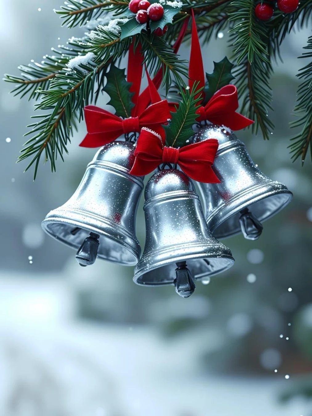 11 DIY Christmas Holiday Decorations: From Wine Corks to Walnut Reindeer 9 Three silver jingle bells with red bows hanging from a snowy evergreen branch.