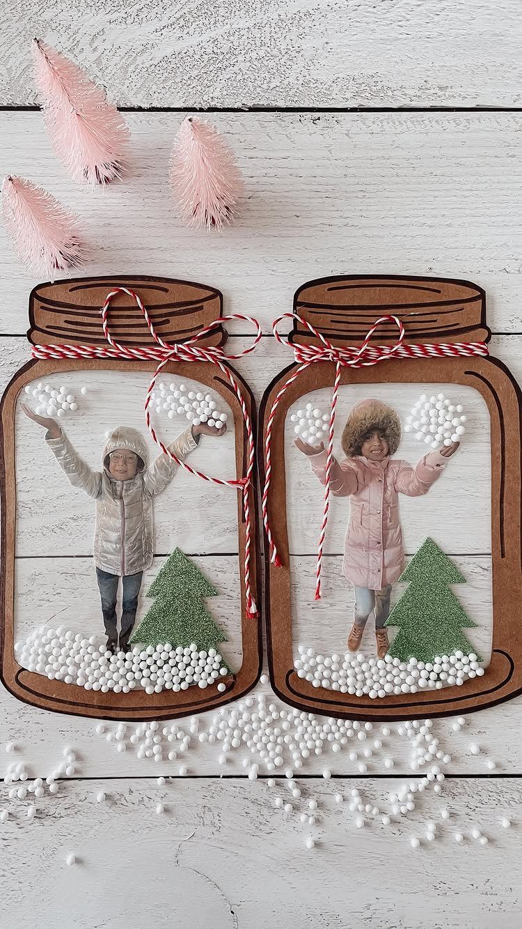 11 DIY Christmas Holiday Decorations: From Wine Corks to Walnut Reindeer 5 Paper mason jar ornaments featuring photos of children, green trees, and white snow on wood.