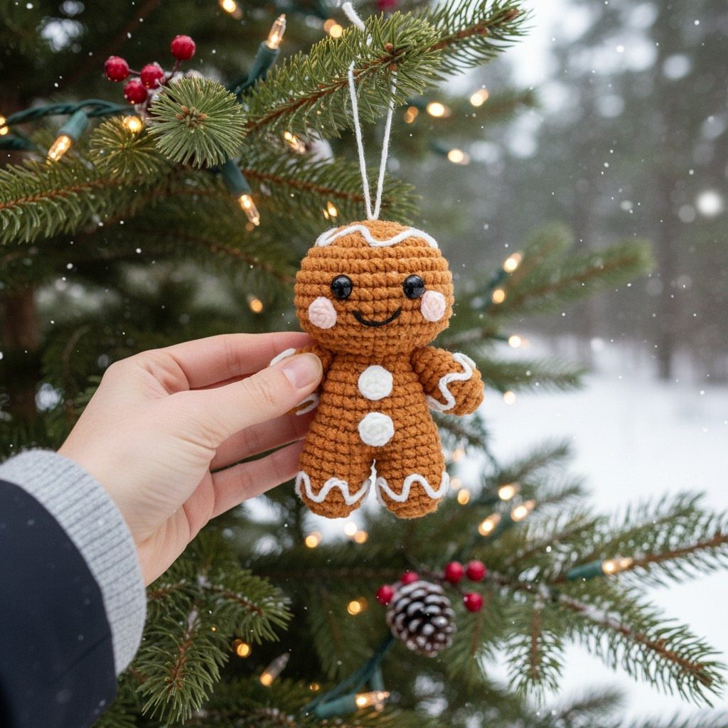 11 DIY Christmas Holiday Decorations: From Wine Corks to Walnut Reindeer 2 A crocheted gingerbread man ornament hanging from a pine branch in a snowy forest.