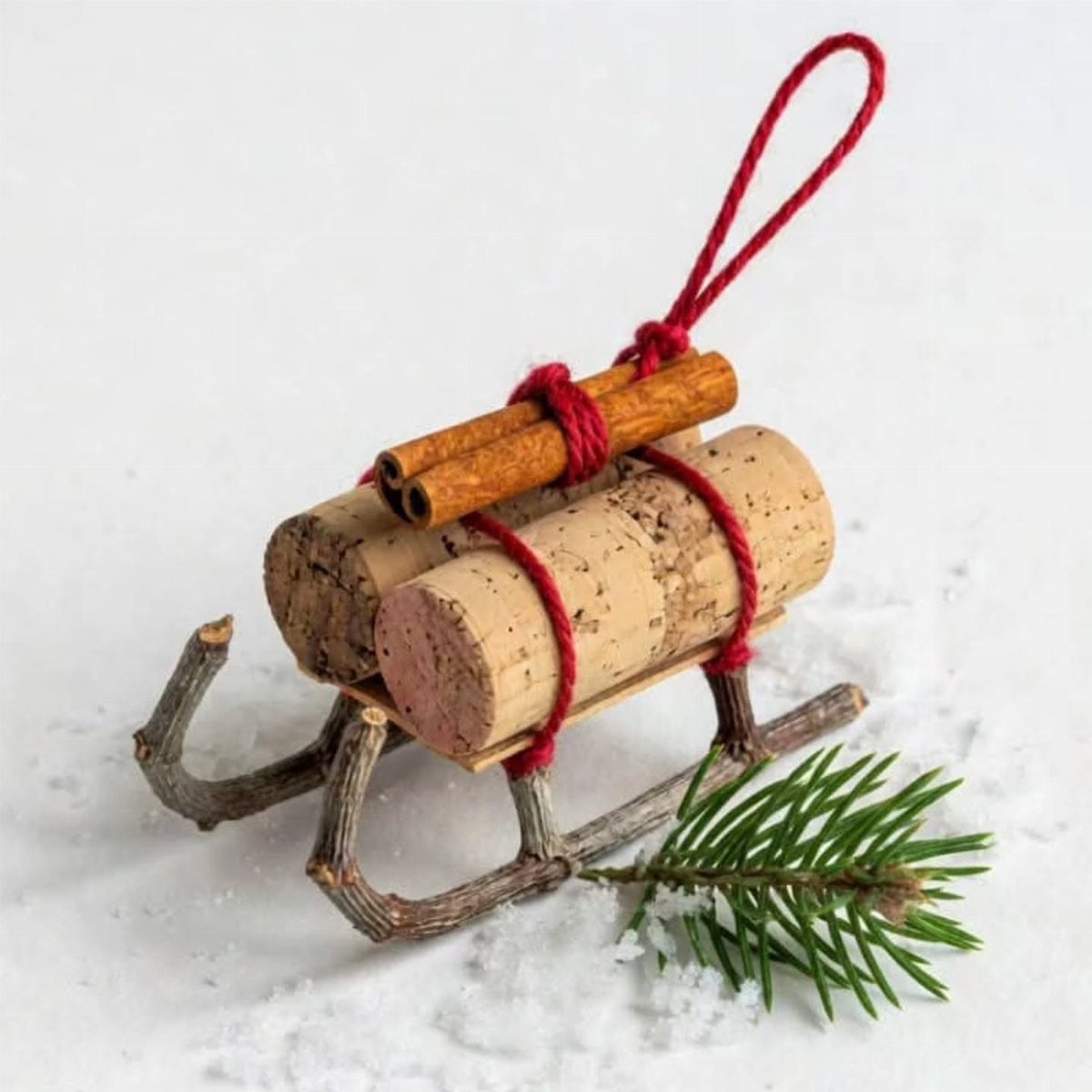 11 DIY Christmas Holiday Decorations: From Wine Corks to Walnut Reindeer 1 A miniature sled ornament made from wine corks and twigs resting in white snow.