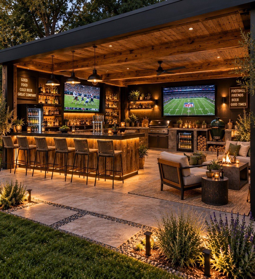 Luxury outdoor kitchen and bar area with seating, televisions, and a lounge area with a fire pit.
