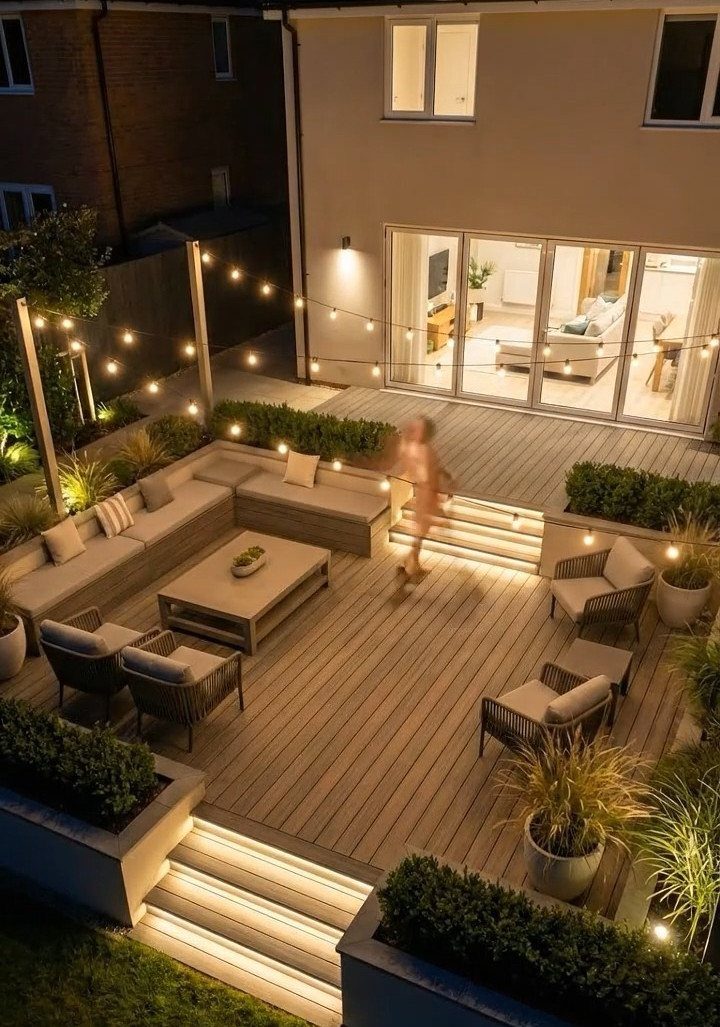 Modern wooden deck at night with L-shaped outdoor sofas, armchairs, and glowing string lights.