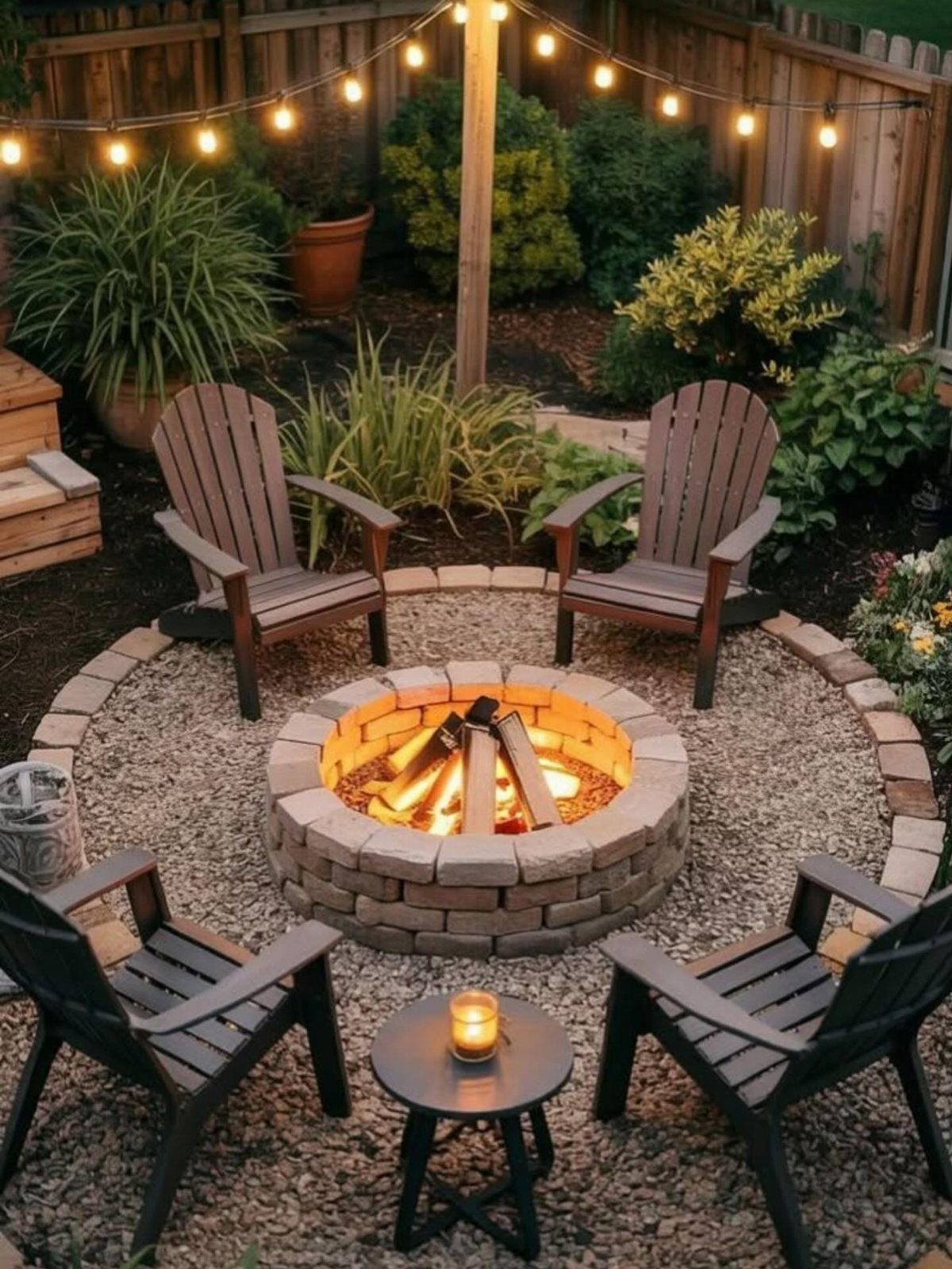 A stone fire pit with burning logs surrounded by wooden chairs in a gravel backyard garden.