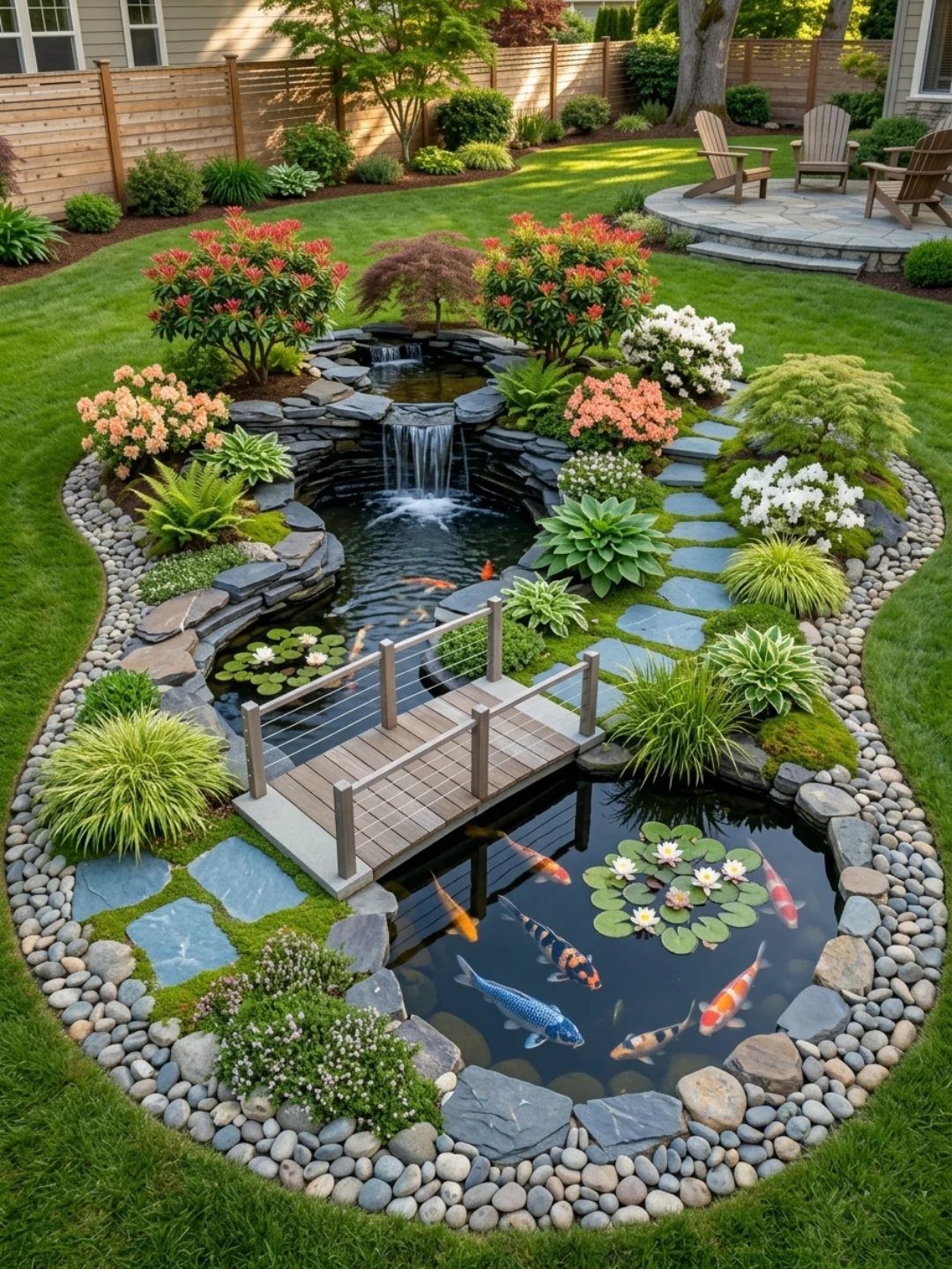 Koi ponds with a waterfall, wooden bridge, and stepping stones surrounded by lush garden plants and stones.