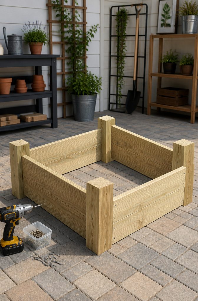 How to Build an Easy DIY Raised Garden Bed in 8 Steps 4 A flat surface with assembled short sides and corner posts of a raised bed.