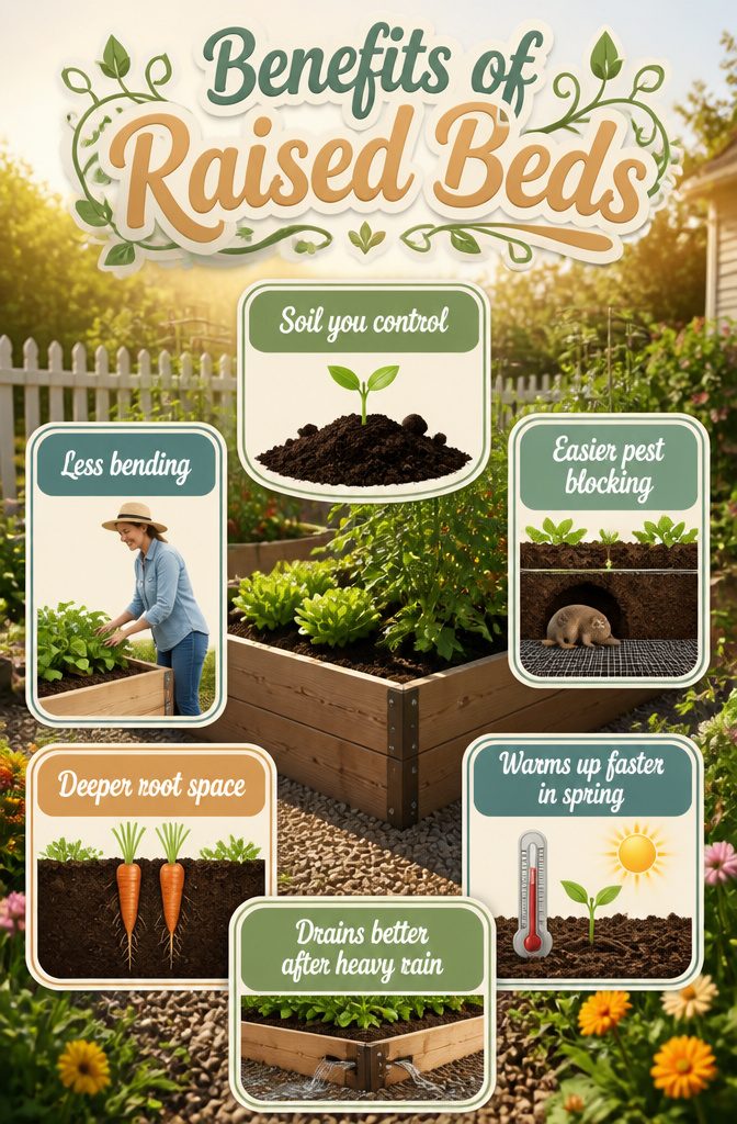 How to Build an Easy DIY Raised Garden Bed in 8 Steps 10 An information image detailing the benefits of raised garden beds.