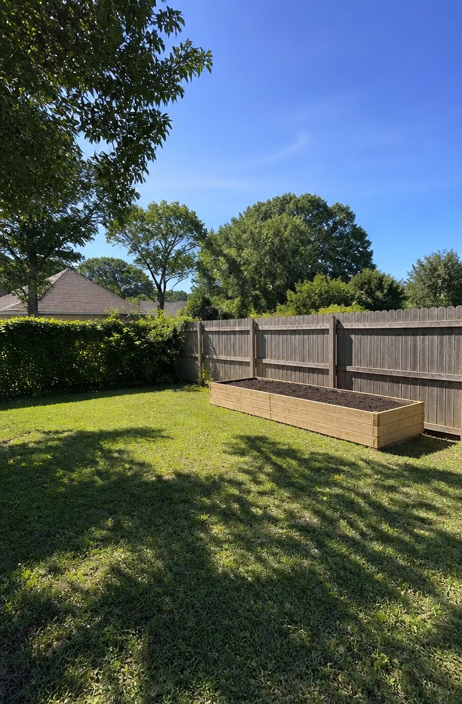How to Build an Easy DIY Raised Garden Bed in 8 Steps 1 A photograph showing a yard with sunlight and shadows from trees.