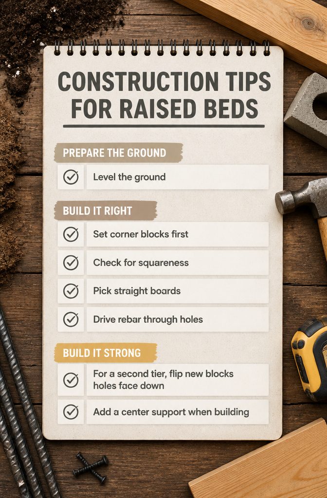How to Build an Easy DIY Raised Garden Bed in 8 Steps 11 An information image with construction tips for building raised garden beds.