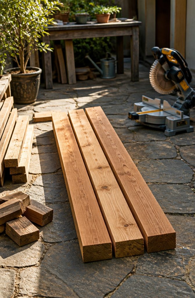 How to Build an Easy DIY Raised Garden Bed in 8 Steps 3 Neatly stacked lumber cuts on a patio with a saw nearby.