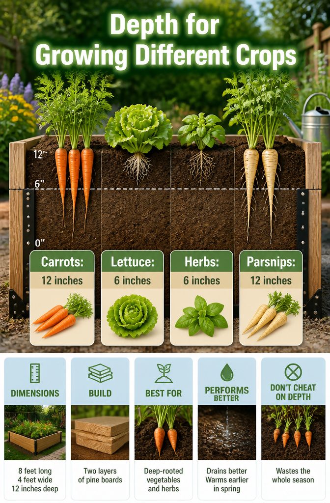 How to Build an Easy DIY Raised Garden Bed in 8 Steps 12 An information image showing the depth requirements for various crops in raised beds.